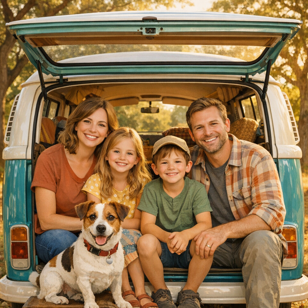 famille souriante en road trip au pays basque avec leur deux enfants et leur jack russel dans une clairière de chênes, ambiance slow life Campy camper